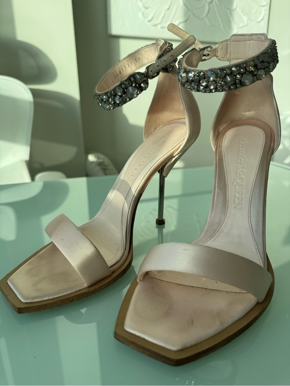 Alexander McQueen Blush Nude Satin Stiletto Sandals with Crystal Ankle Straps